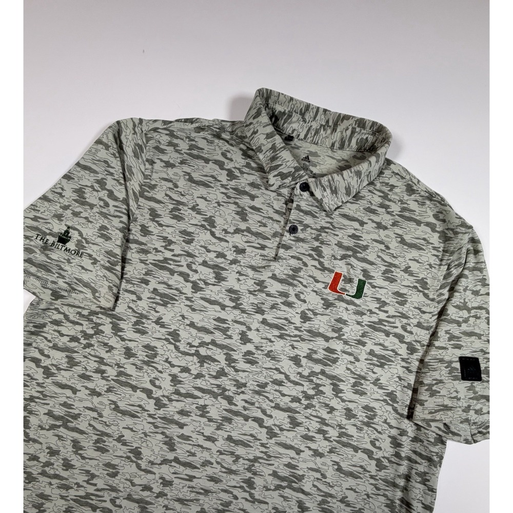 Adidas Mens Large Miami Hurricanes The Biltmore Golf Polo Gray Camo Shirt
